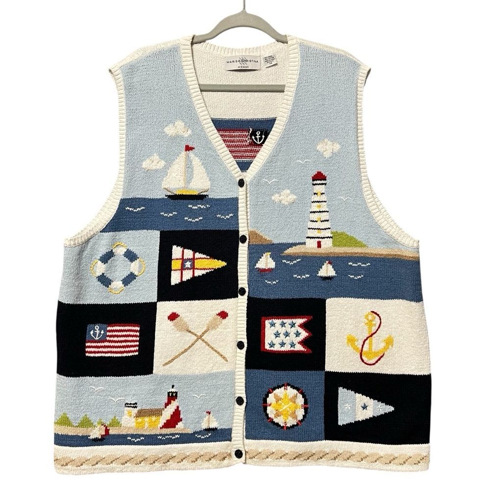 Marisa Christina Vintage Nautical Sweater Vest Size 3X Cotton Ramie Patchwork